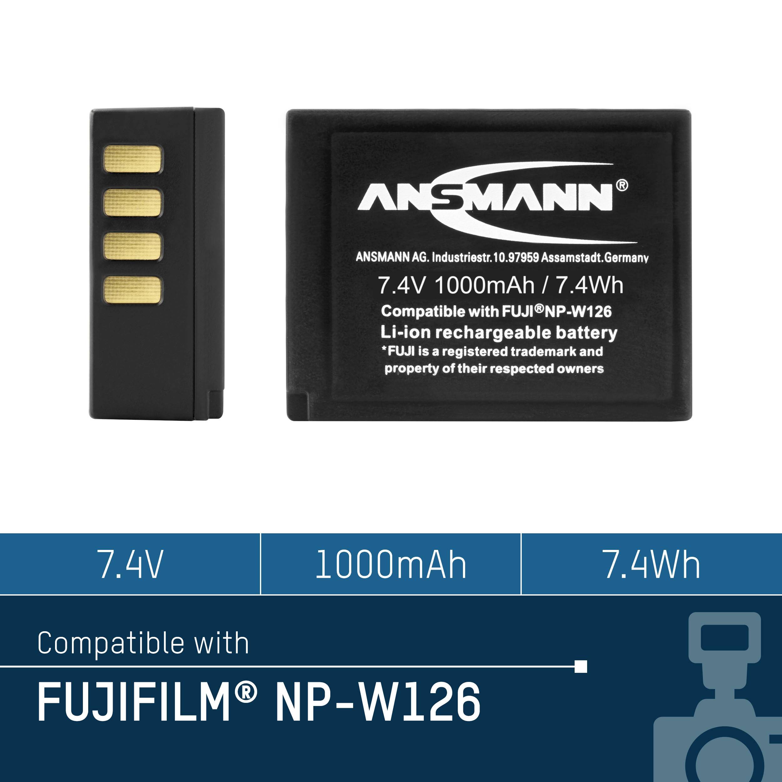 Et sort batteri og emballage med påskriften 'ANSMANN'. Kompatibel med 'FUJIFILM NP-W126'. Kapacitet: 7,4V, 1000mAh, 7,4Wh.