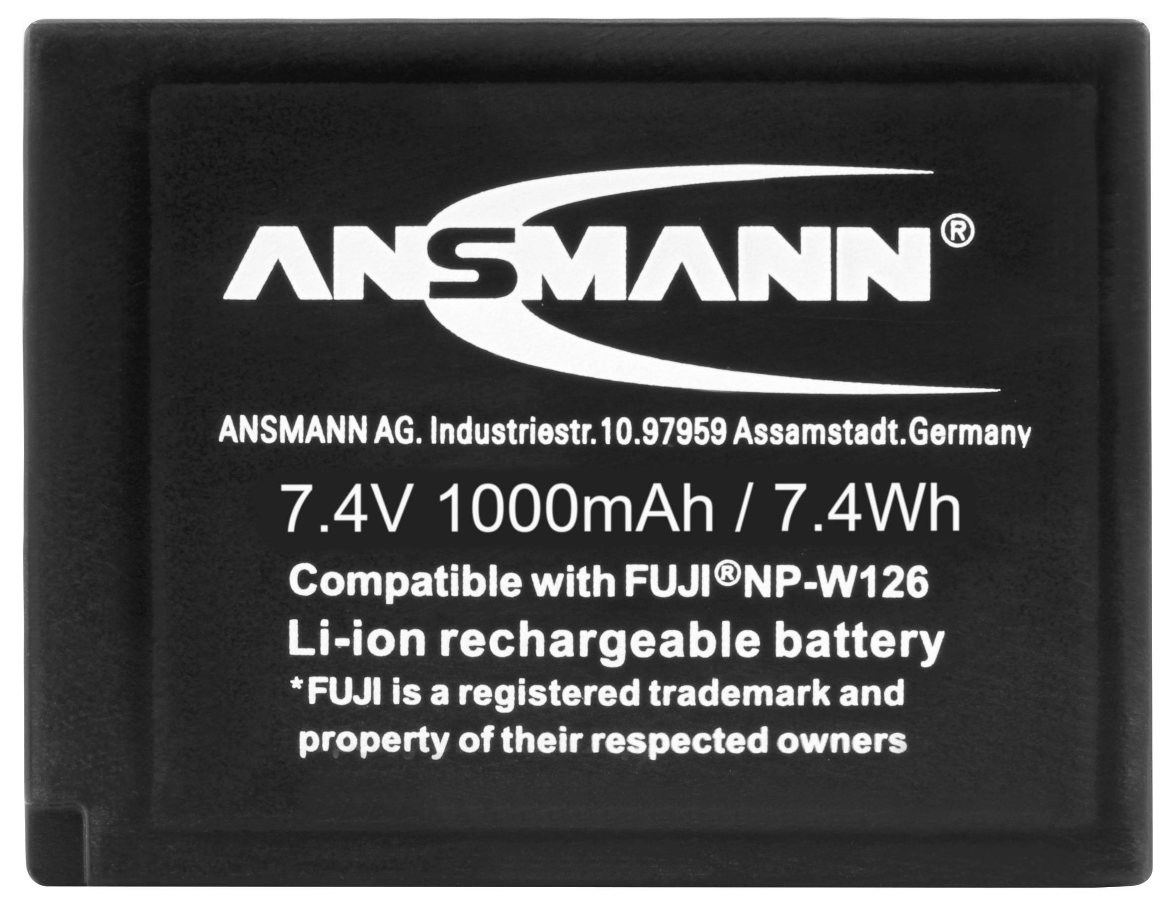 Akkupack med påskrift: '7.4V 1000mAh / 7.4Wh'. Kompatibel med 'FUJI NP-W126'. Mærke: ANSMANN. Li-Ion genopladeligt batteri.