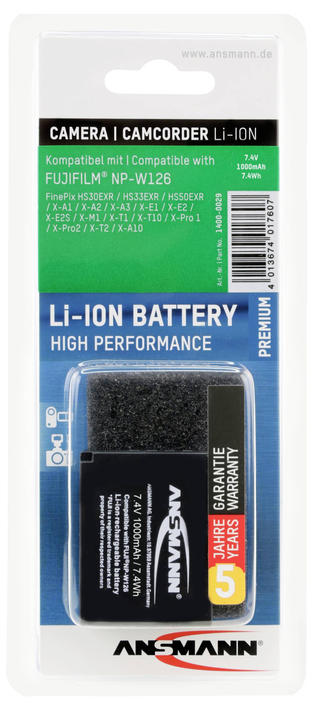 Li-Ion batteri til kamera/videokamera, kompatibel med Fuji NP-W126. Høj ydelse, 5 års garanti.