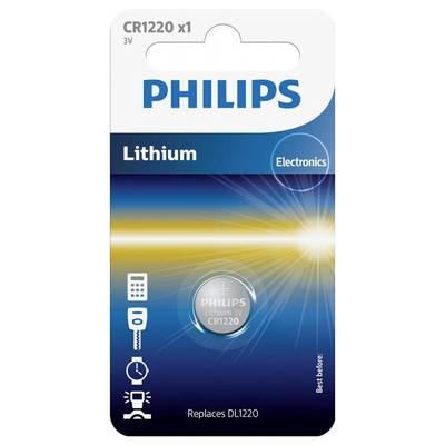 Emballage til Philips lithium-knapbatteri CR1220, 3V, til elektroniske enheder. Indeholder symboler for fjernbetjening, kamera og ur.