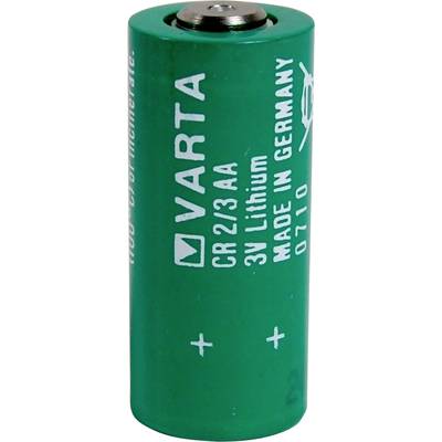 Grøn VARTA lithiumbatteri, type CR2/3AA, 3V, fremstillet i Tyskland, stående lodret.
