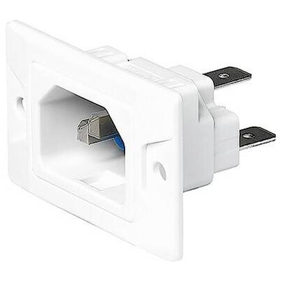 En hvid vinkelplugs med rektangulær form og en sidefals, sandsynligvis til specifikke stikforbindelser eller tilslutninger.