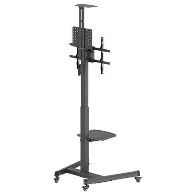 En justerbar TV-stander på hjul, egnet til store skærme. Robust, sort ramme med hylde. Mobil og fleksibel i brug.