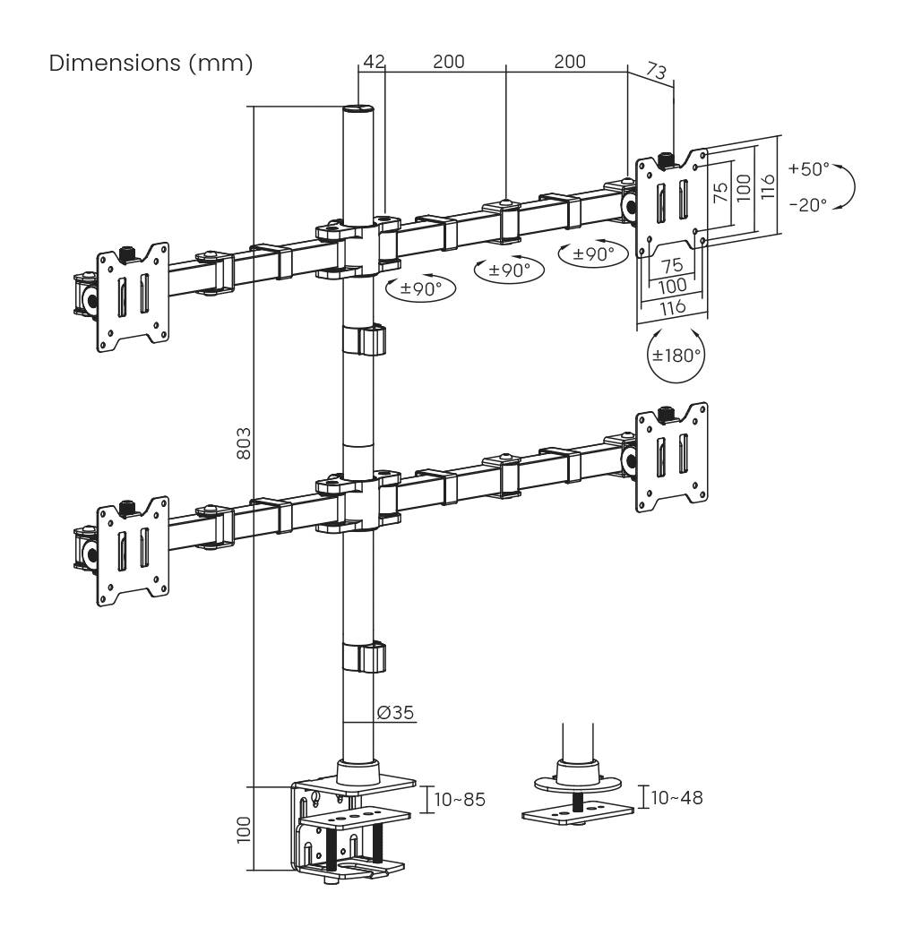 Diagram over en justerbar monitorarm med mål. Viser vippevinkel fra +50° til -20° og rotationsvinkel op til ±180°.