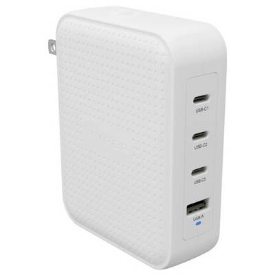 Hvidt USB-oplader med fire porte: tre USB-C og en USB-A. Velegnet til samtidig opladning af flere enheder.