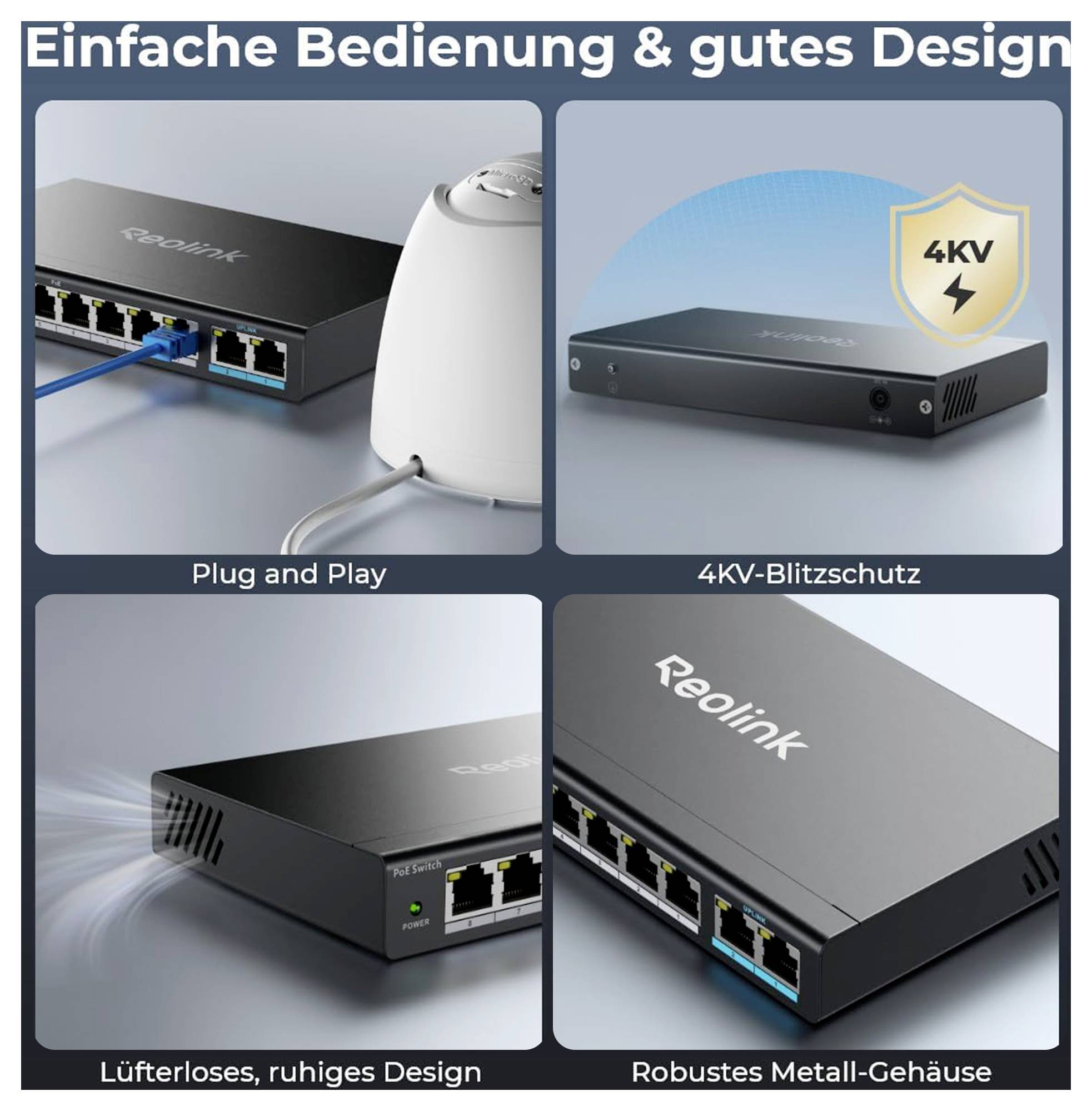 Et billede med flere netværksenheder. Tekst øverst: 'Enkel betjening & godt design'. Egenskaber: 'Plug and Play', '4KV lynbeskyttelse', 'Ventilatorløst, stille design', 'Robust metalkabinet'.