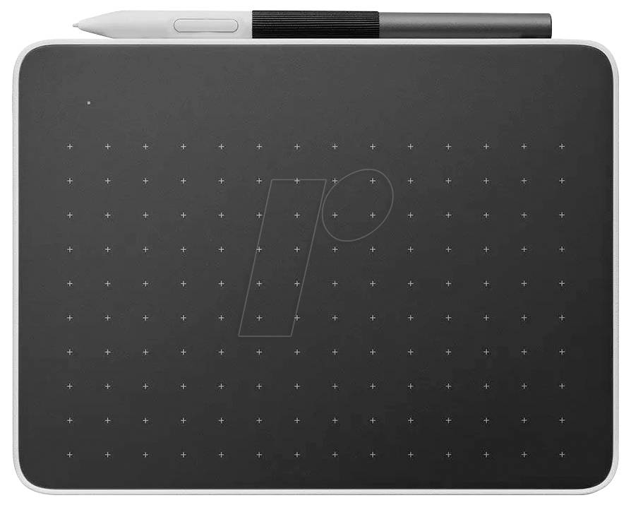 Et grafiktablet med en pen ovenpå. Tabletten har et ensartet gitter med små hvide krydsmarkeringer.