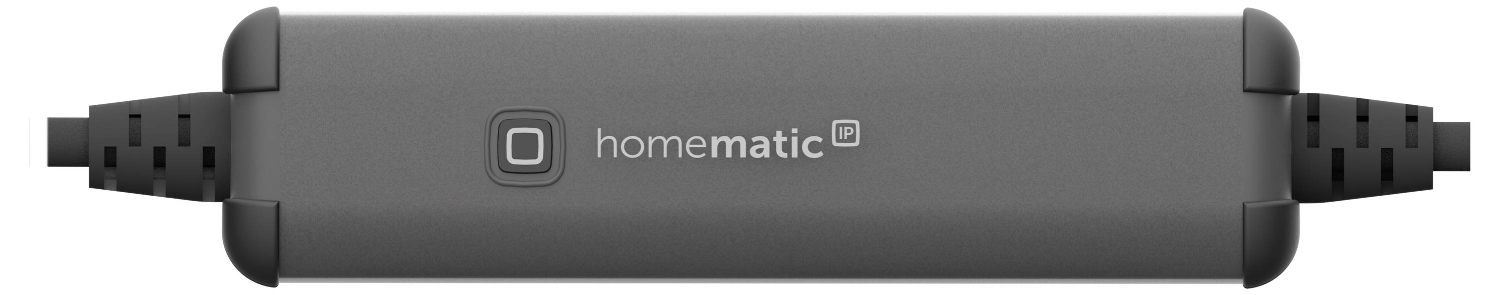 Sort Homematic-enhed med firkantet logo og teksten 'homematic IP' i midten, på siderne forbundet med to kabler.