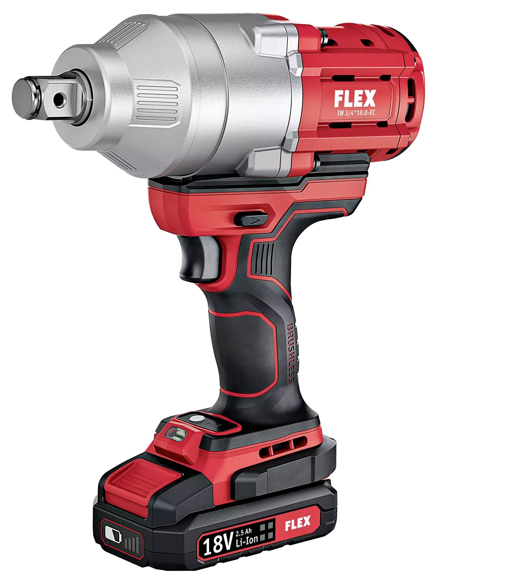 Trådløs slagskruetrækker i rød og sølv, mærket med 'FLEX'. Udstyret med et 18V lithium-ion batteri.