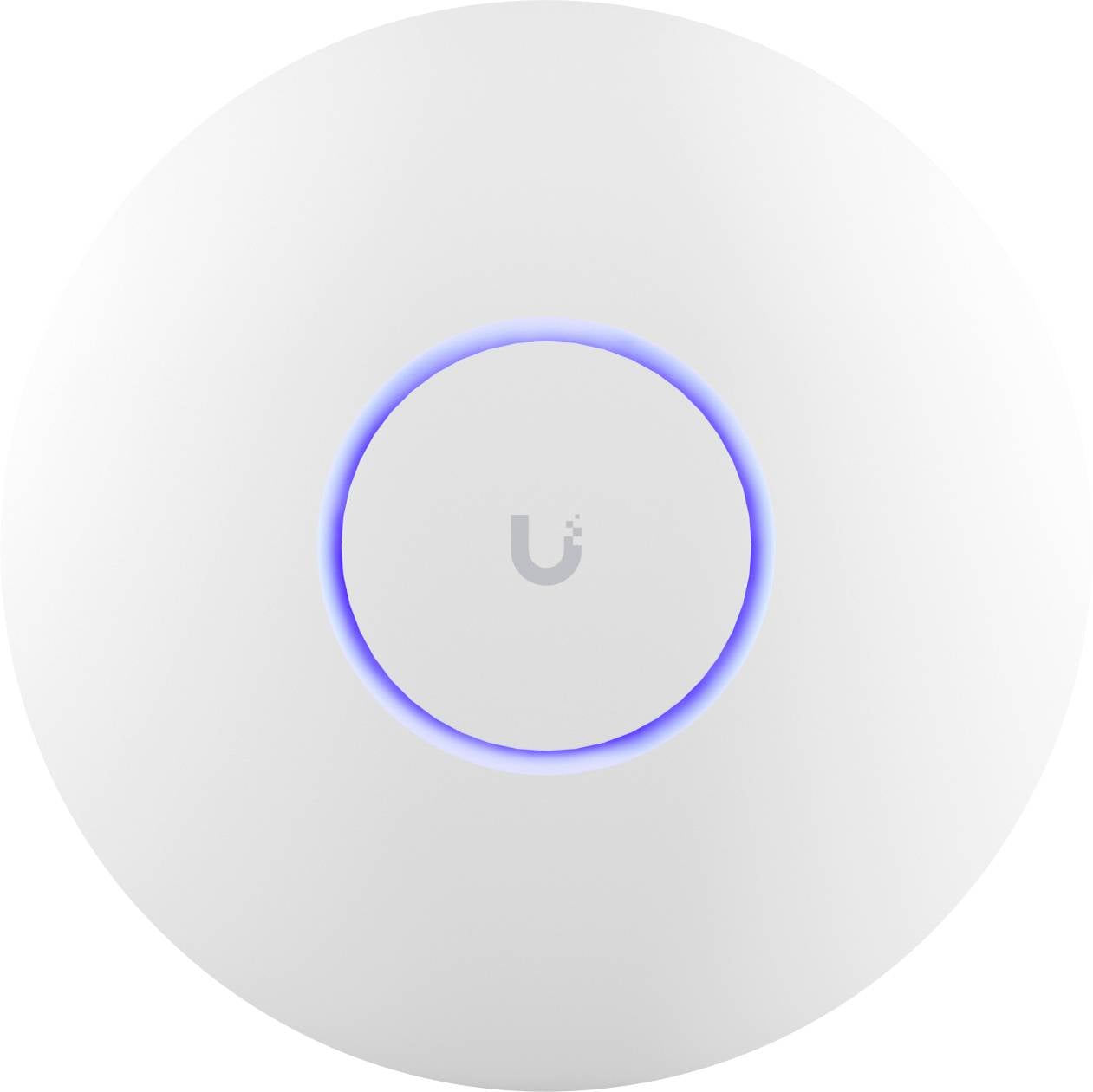 En hvid, rund WiFi-adgangspunkt med en blå lysende ring i midten, egnet til udvidelse af et netværk indendørs.