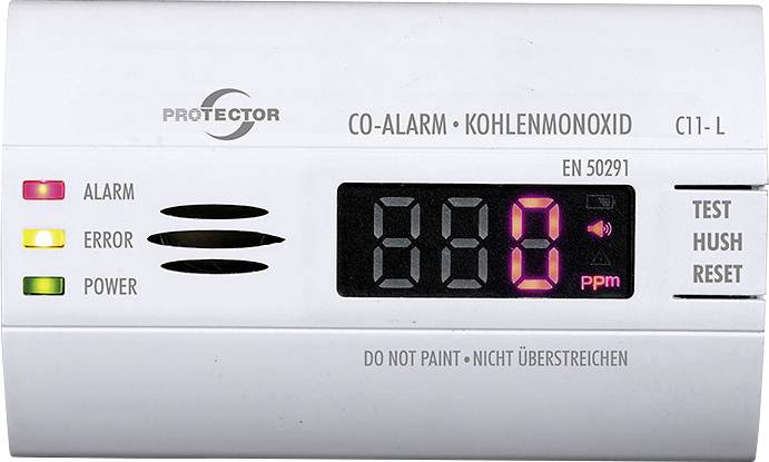 Kulilte-detektor med digitalt display viser '888 ppm', statusindikationer for alarm, fejl og strøm, knapper til test, pause og nulstilling.