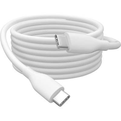 Et hvidt USB-C-kabel, pænt oprullet. Begge ender forsynet med identiske USB-C-stik, velegnet til dataoverførsel og opladning.