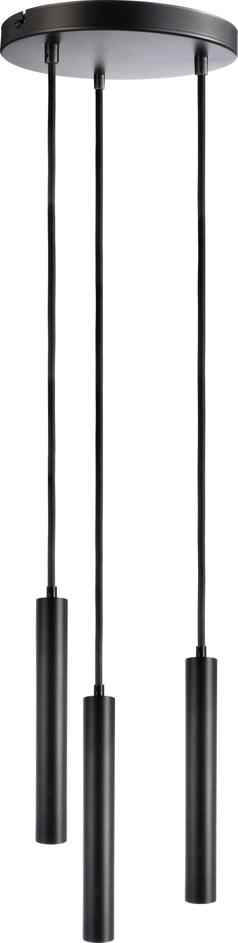 En moderne sort pendel med tre cylinderformede lamper, der hænger i en linje fra en rund base.