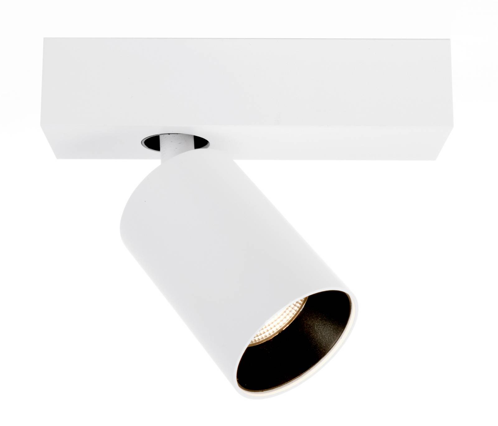 Hvid cylinderformet loftslampe med rektangulær base, rettet nedad for fokuseret belysning.