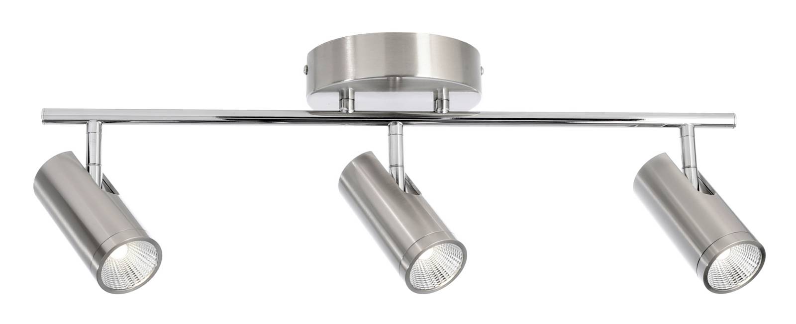 Treflasket, moderne loftslampe i børstet metal med justerbare spots.