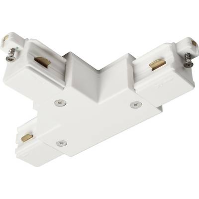 Hvid, T-formet elektrisk forbindelsesadapter med skruer i begge ender og tre forbindelsespunkter til sporbelysningssystemer.