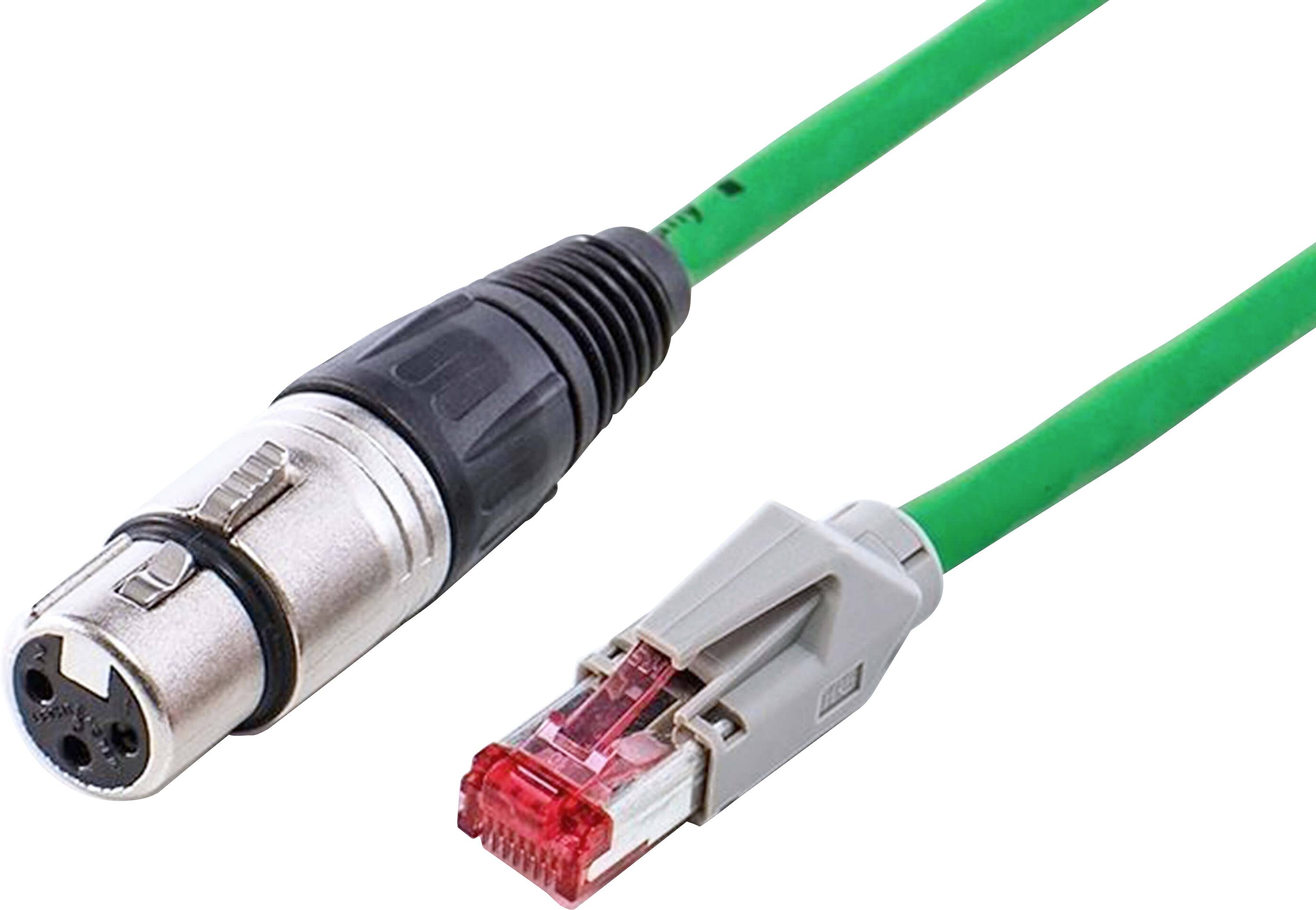 Et grønt kabel med XLR-stik til venstre og et RJ45-stik til højre viser en audio- og netværkstilslutning i et enkelt kabel.