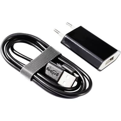 Sort USB-opladningskabel med stikadapter. Adapteren har europæisk stikform, kabel med USB-stik, samlet med velcrobånd.