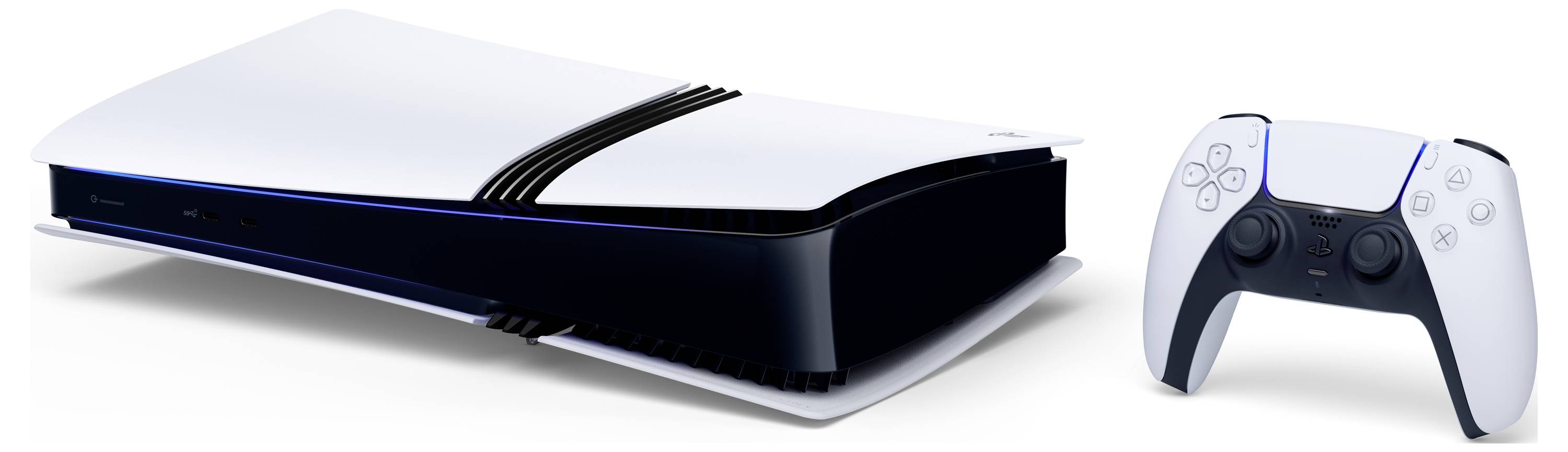 PlayStation 5-konsol og -controller i hvid og sort; konsollen er vist liggende.