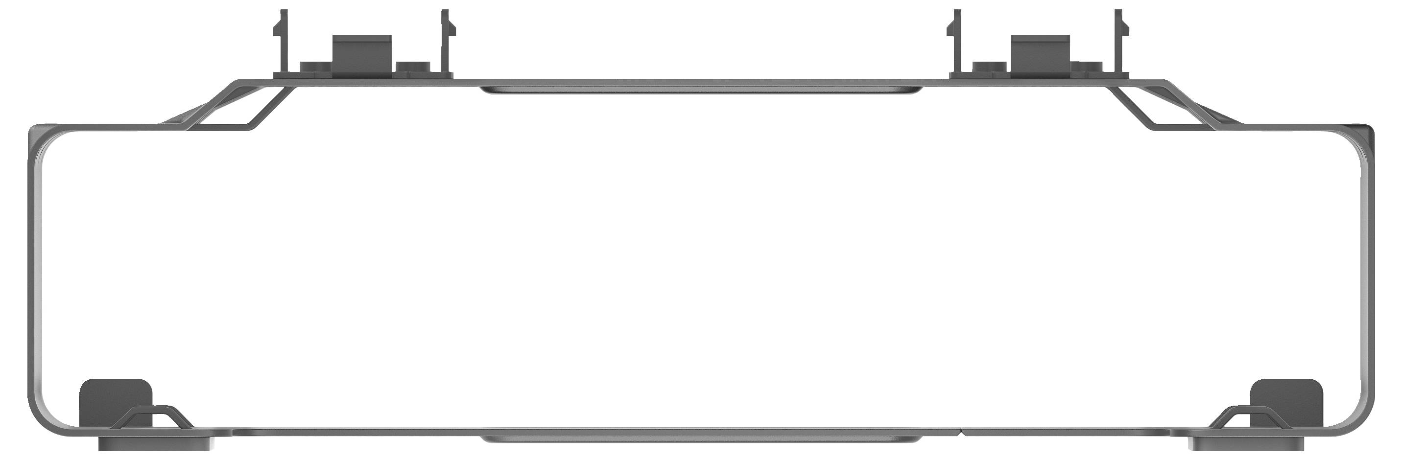 Computermodulholder: Rektangulær metalstruktur med beslag i hjørnerne. Enkelt design uden synlige komponenter.