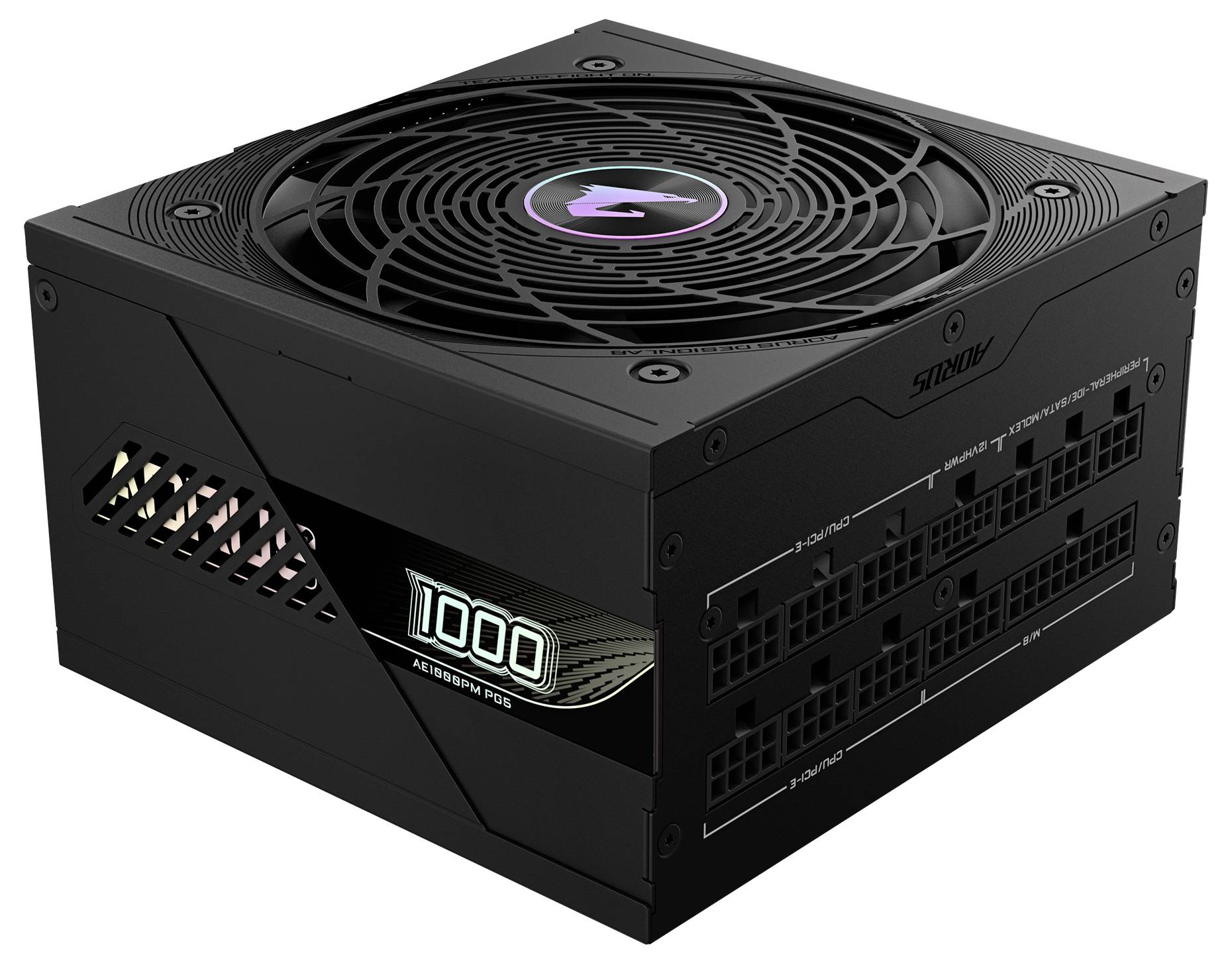 Sort strømforsyning på 1000 Watt, som viser flere tilslutninger og et ventilationsgitter med et belyst logo.