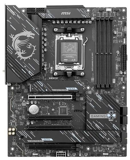 MSI-bundkort med flere PCIe-slots, RAM-pladser og tilslutninger, velegnet til gaming-pc'er. Iøjnefaldende drage-logo øverst.