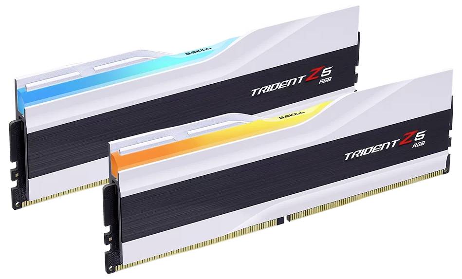To RAM-moduler med farverig RGB-belysning fra mærket 'Trident Z5', beregnet til high-performance computere. De viser blå-gule lyseffekter.