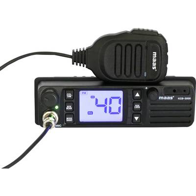 Et radioapparat med mikrofon, belyst display og kanalindicator. Model 'maas KCB-3000', viser kanal 40, med FM/AM skiftefunktion.