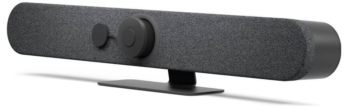 Sort soundbar med tekstiloverflade, to synlige knapper og en flad fod. Stilfuld og minimalistisk i designet.