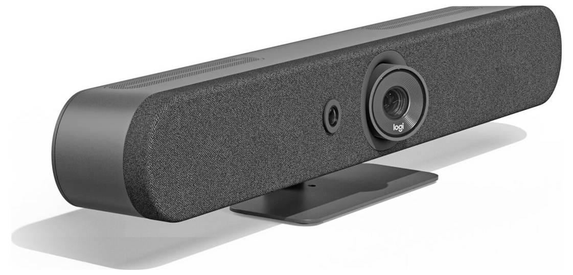 Grå-sort webcam på stativ med centralt objektiv og mikrofon. Velegnet til videokonferencer eller online-kommunikation.