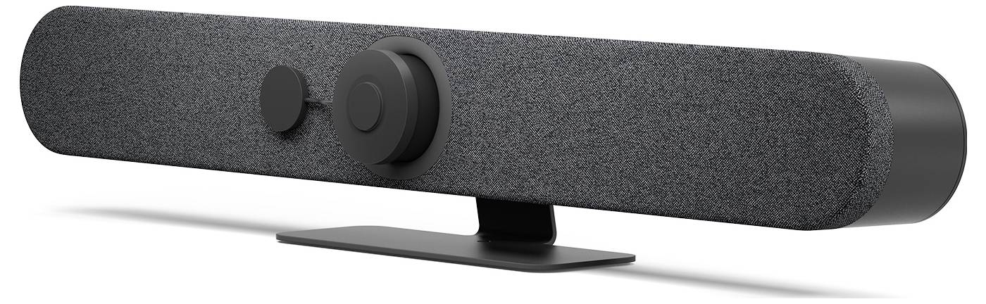 Grå soundbar med rektangulært design, stofagtig overflade og minimalistisk fod. Den har en central afskærmningsskærm.