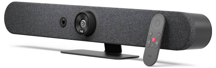 Et langt, gråt videokonferenceudstyr med et kamera i midten og en fjernbetjening ved siden af. Udviklet til professionelle møder.