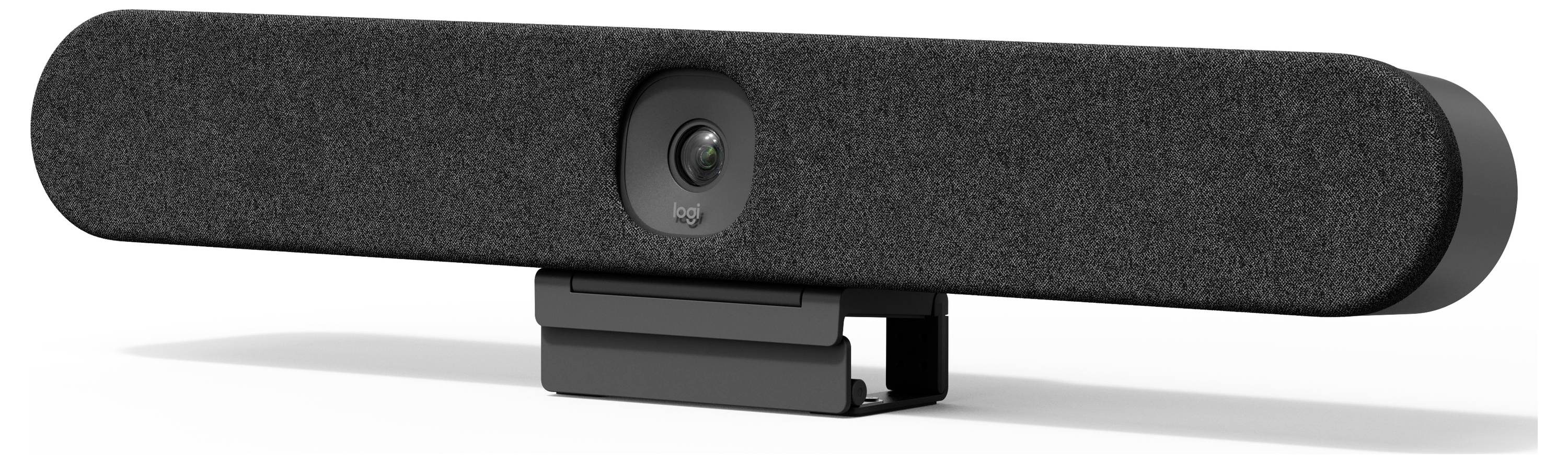 Lang, sort-grå videokonferenceenhed med centralt placeret kamera, egnet til kontorer og mødelokaler.