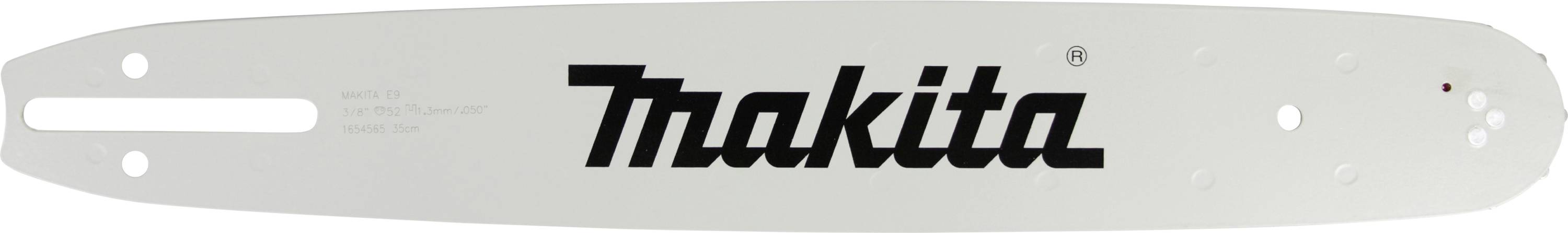 Et sølvfarvet savblad med et sort 'Makita'-logo i midten, velegnet til motorsave.