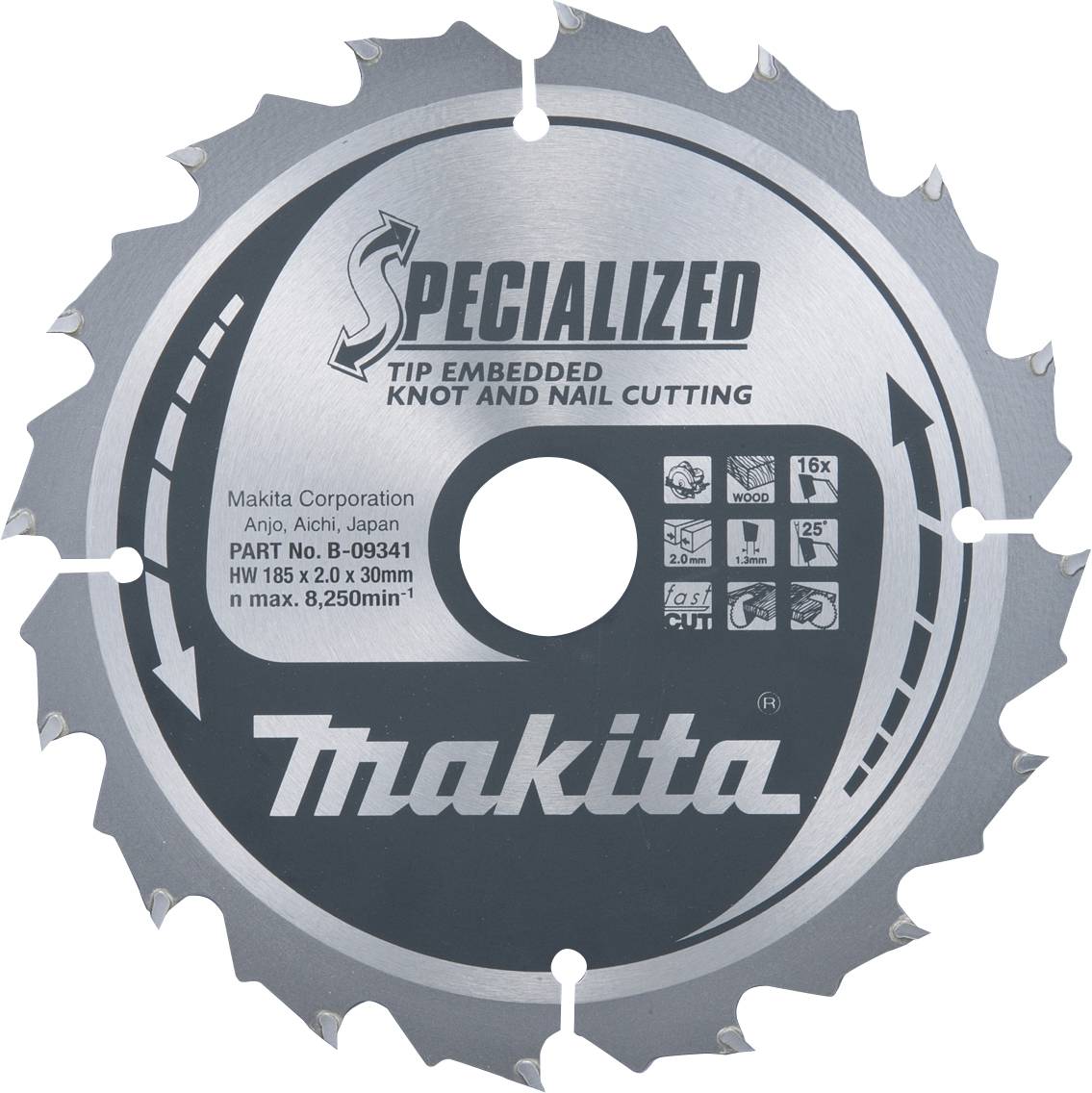 Savklinge til specialiserede arbejdsopgaver, egnet til skæring af knuder og søm, mærke Makita, model B-09341, 185x20mm.