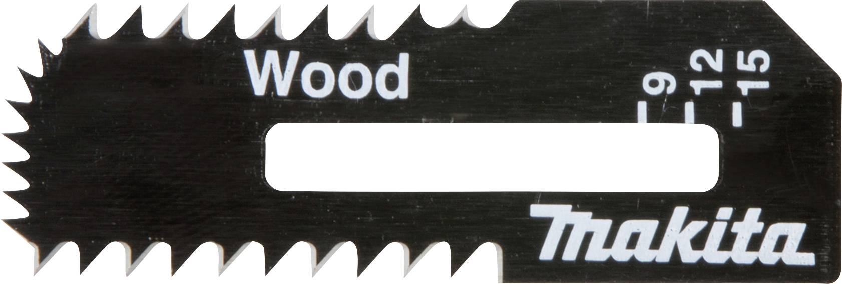 Sort-hvid savklinge-skabelon med tænder, påskrift 'Wood' og skala fra 9 til 15, mærkenavnet 'Makita' i nederste højre hjørne.
