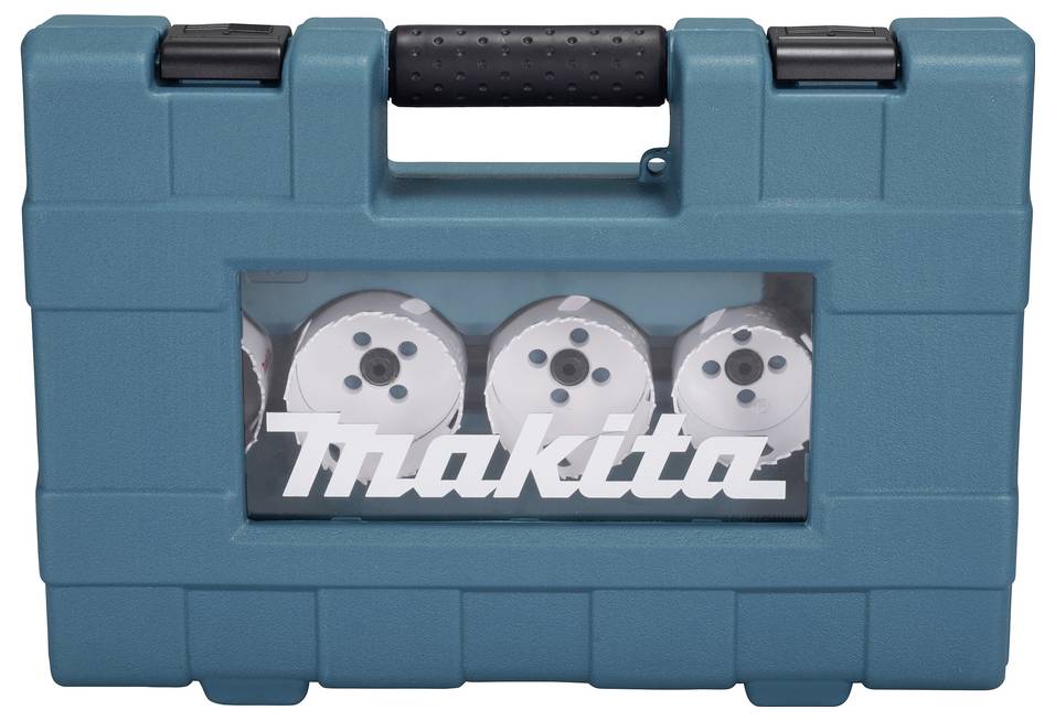 En teal Makita-værktøjskasse med et klart panel, der viser cirkelsavblade indeni.