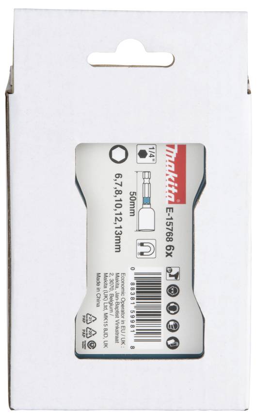 'Makita E-57186 BX' emballage til et vakuumtilbehør, der viser størrelsesmuligheder: 6, 7, 8, 10, 12, 13mm, og dimensioner: 50mm.