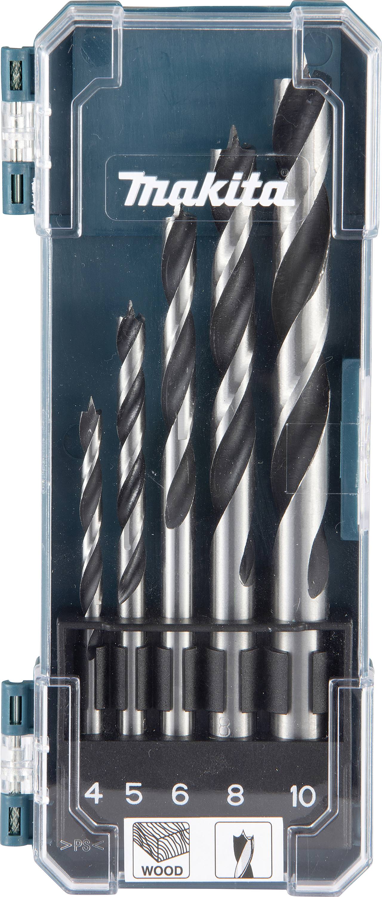 Makita borsæt, fem spiralbor i forskellige størrelser, nummereret: 4, 5, 6, 8, 10. Velegnet til træbearbejdning.