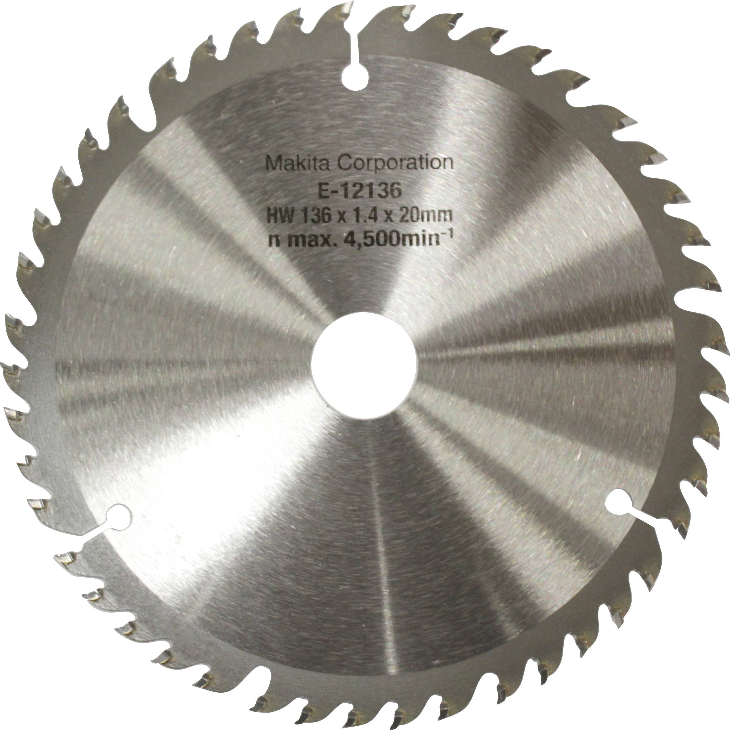 Savklinge med påskriften 'Makita Corporation, E-12136, HW 136 x 1,4 x 20mm, maks. 4500 o/min' i midten, omgivet af skarpe tænder.