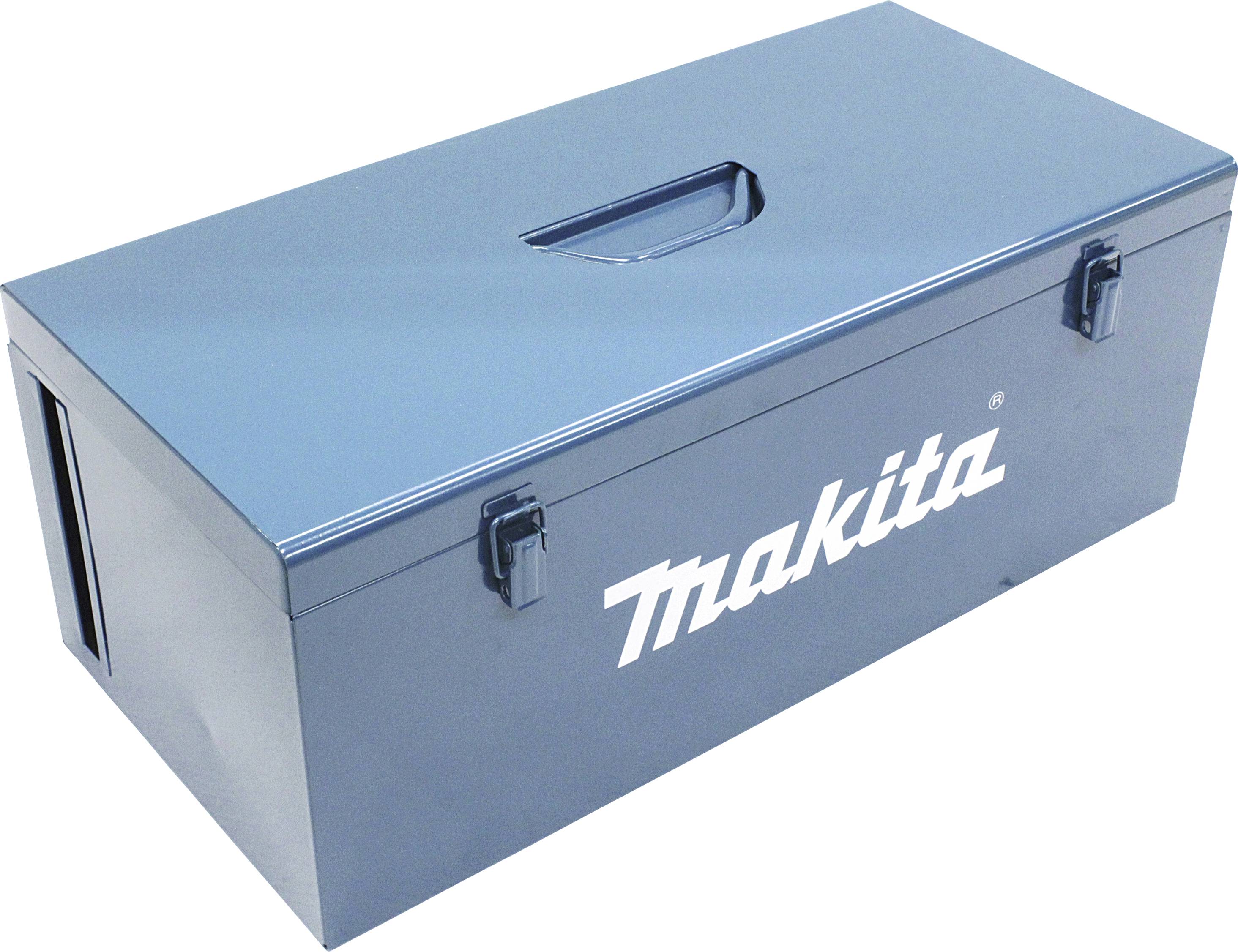 Blå værktøjskasse med bærehåndtag og hvid 'Makita' påskrift, lukket.