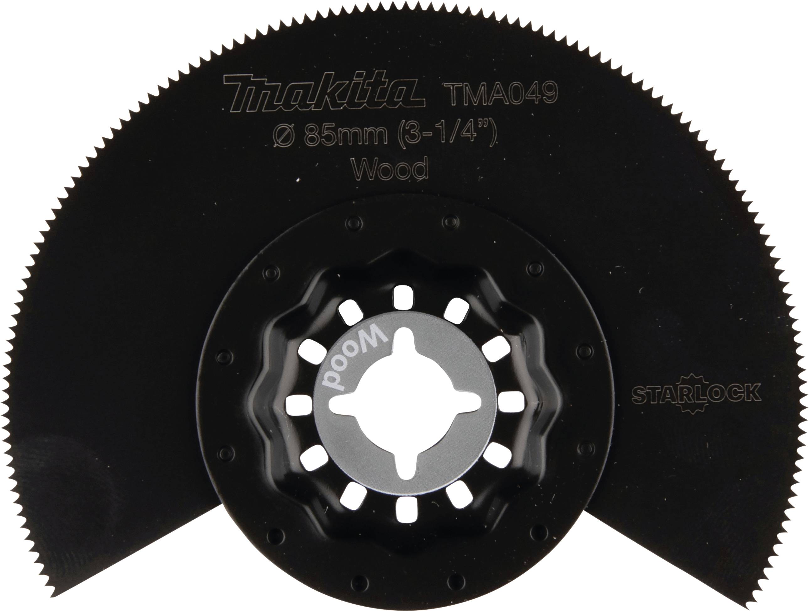 Makita-rundsavsklinge, model TMA049, diameter 85 mm. Bruges til træ. Sort farve med savtakket kant.