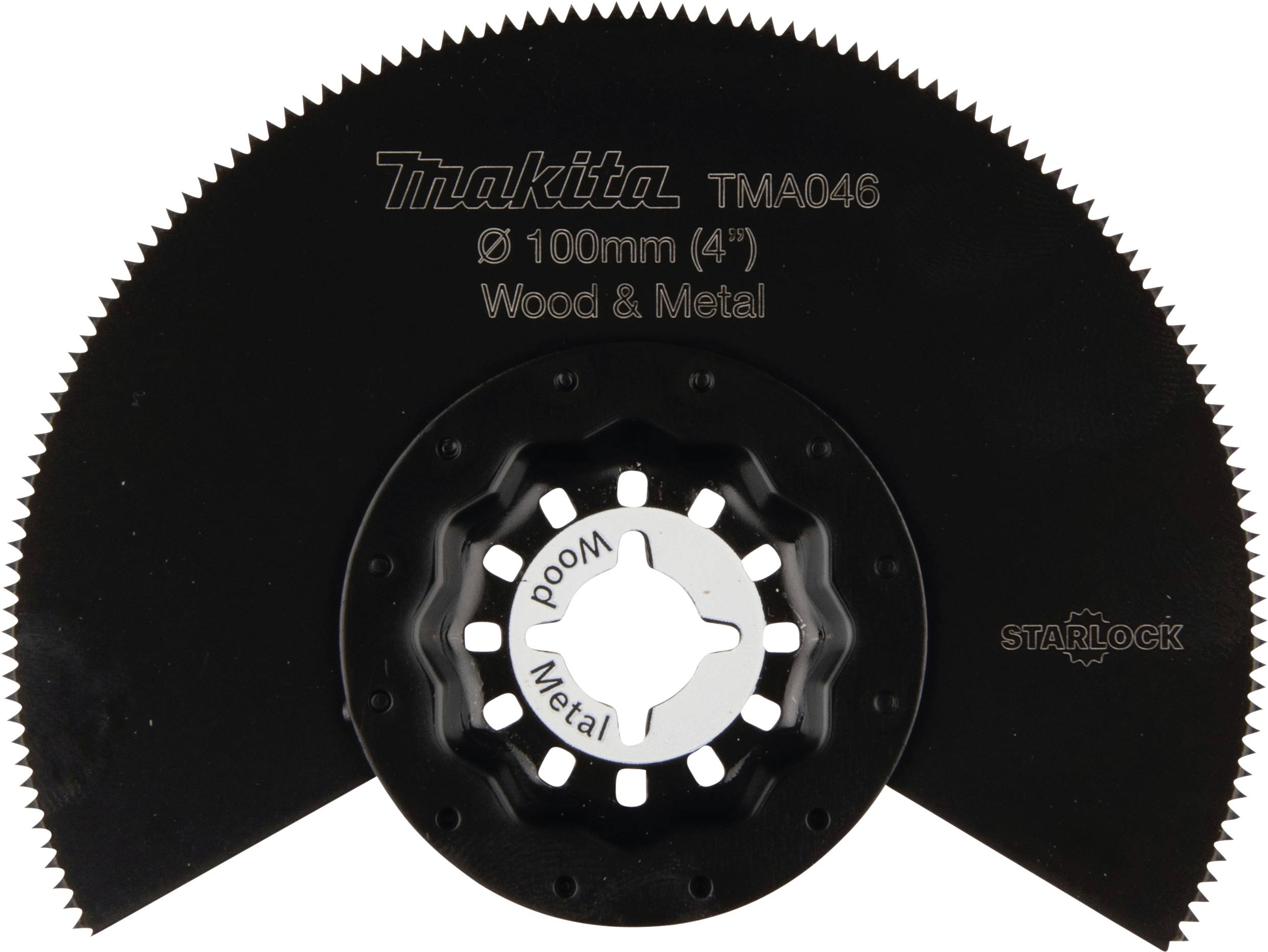 Oscillerende savklinge fra Makita, model TMA046, diameter 100 mm, egnet til træ og metal, med Starlock-fæste.