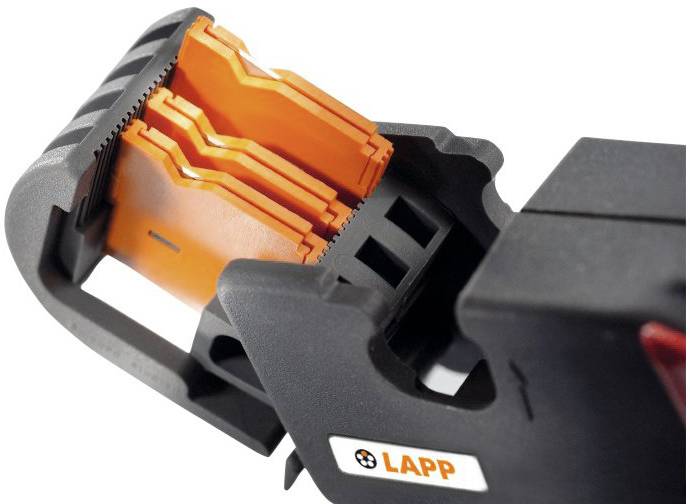 Nærbillede af en sort kabeltang med orange blade og LAPP-logo, som viser skæremekanikmmen og varemærkeidentifikationen.