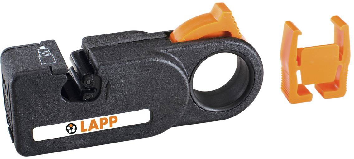 Sort og orange kabel-afisoleringsværktøj fra "Lapp". Til venstre hovedkorpuset med et greb, til højre en aftagelig klinge.