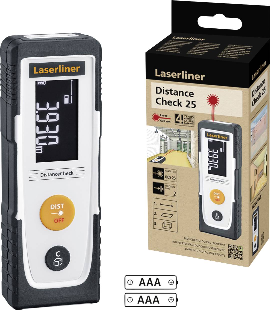 'Laserliner Distance Check 25' Laser-afstandsmåler og emballage. Måler afstande op til 25 m, med digitalt display.