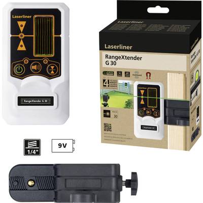 'Laserliner RangeXtender G 30' lasermodtager og emballage. Viser produktdesignet, kompatibel med linjelasere. Kræver 9V-batteri.