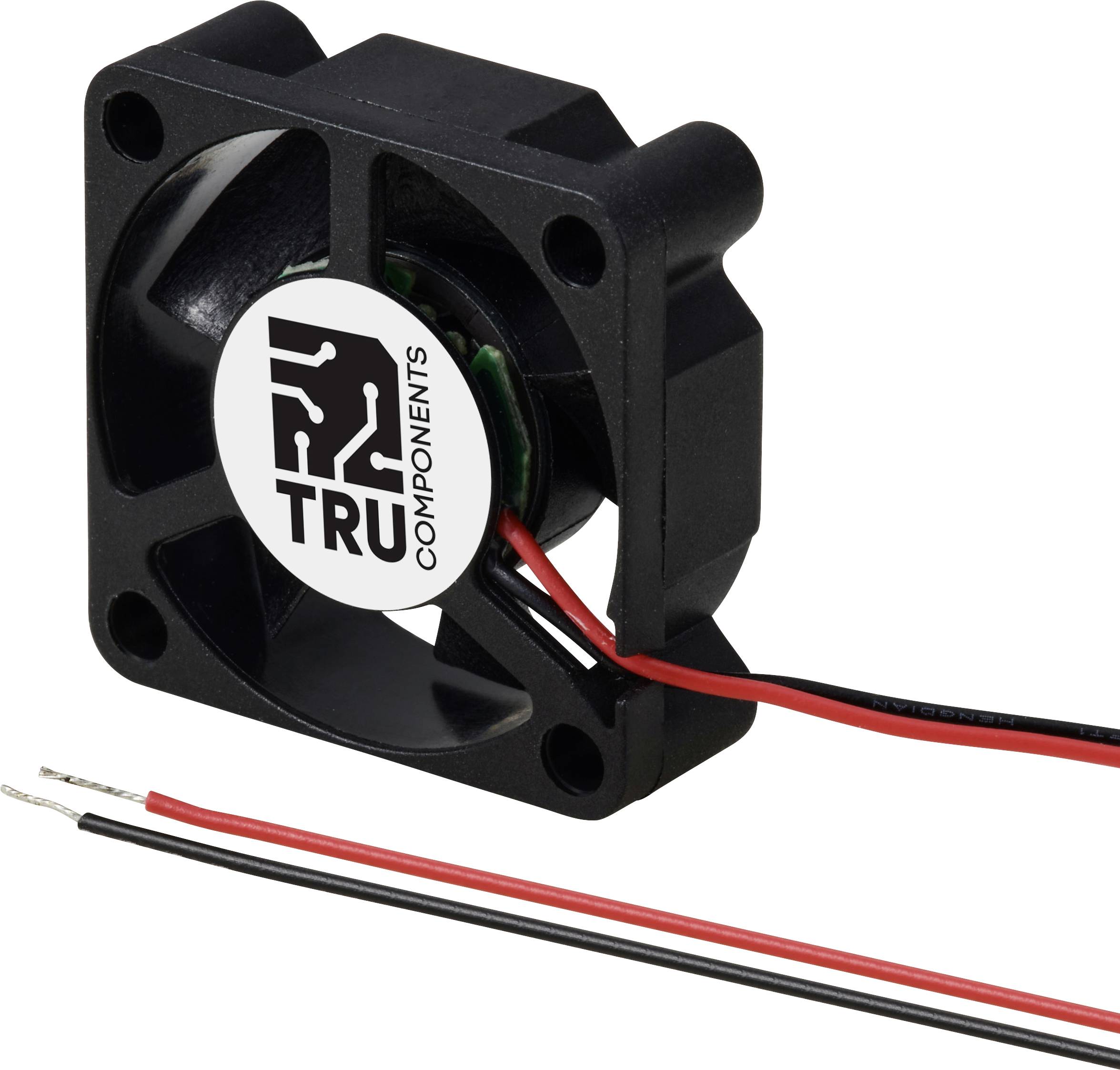 En lille sort blæser fra TRU Components med to ledninger, rød og sort, peger på strømforsyningsforbindelsen.