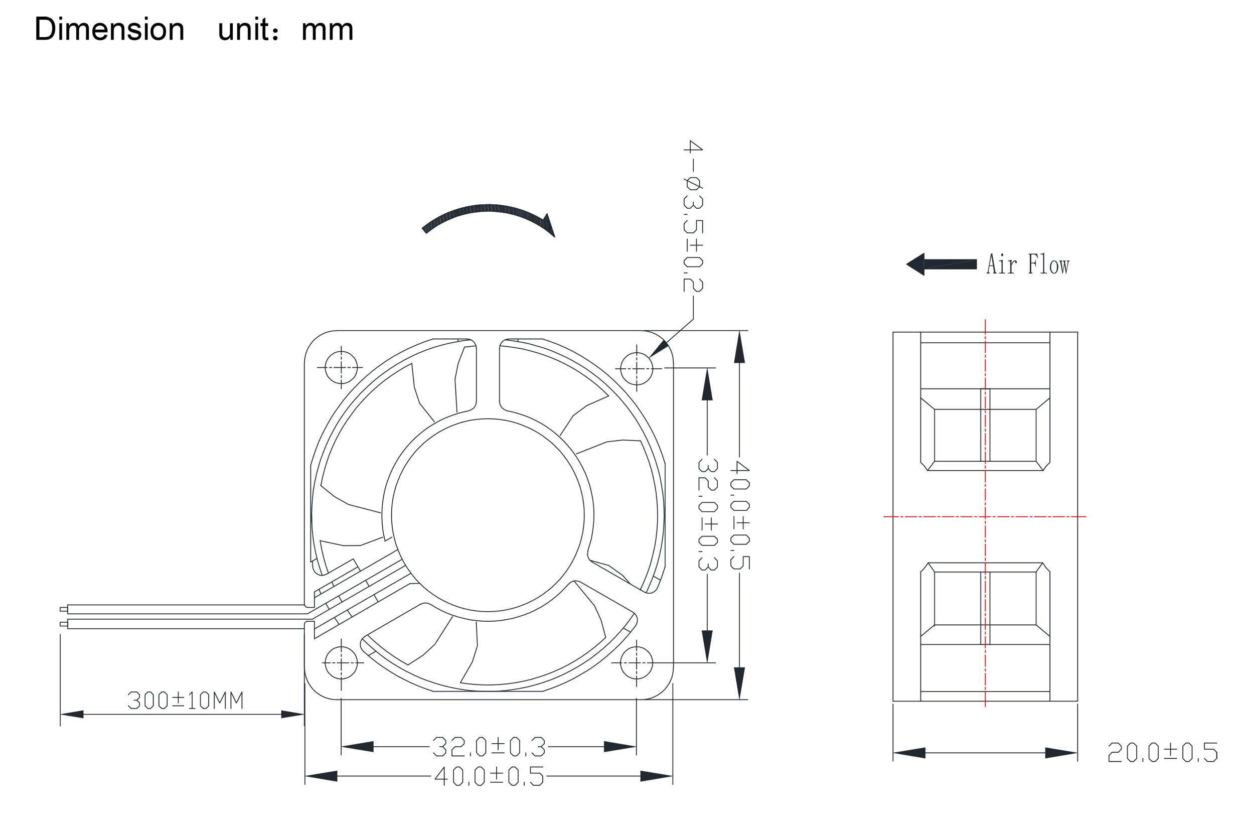 'Tegning af en ventilator med mål angivet i millimeter. Viser dimensioner på 40x40x20 mm, luftstrømsretning og kabelplacering.'
