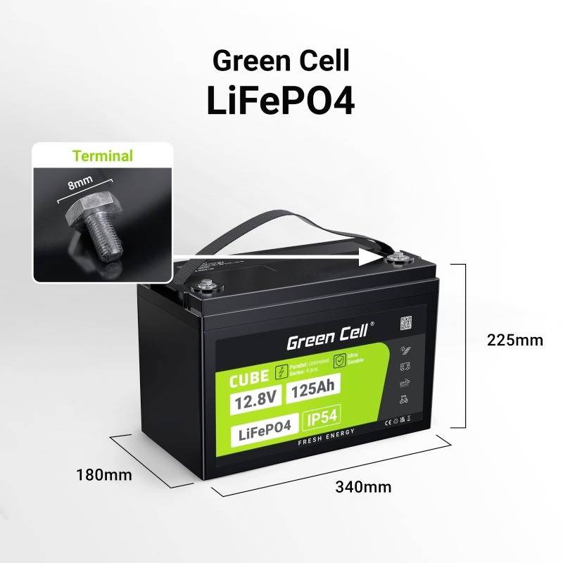 'Green Cell LiFePO4 CUBE 12,8V 125Ah' Batteri med mål: 340 mm længde, 180 mm bredde, 225 mm højde. IP54 beskyttelsesklasse, 8 mm terminal.